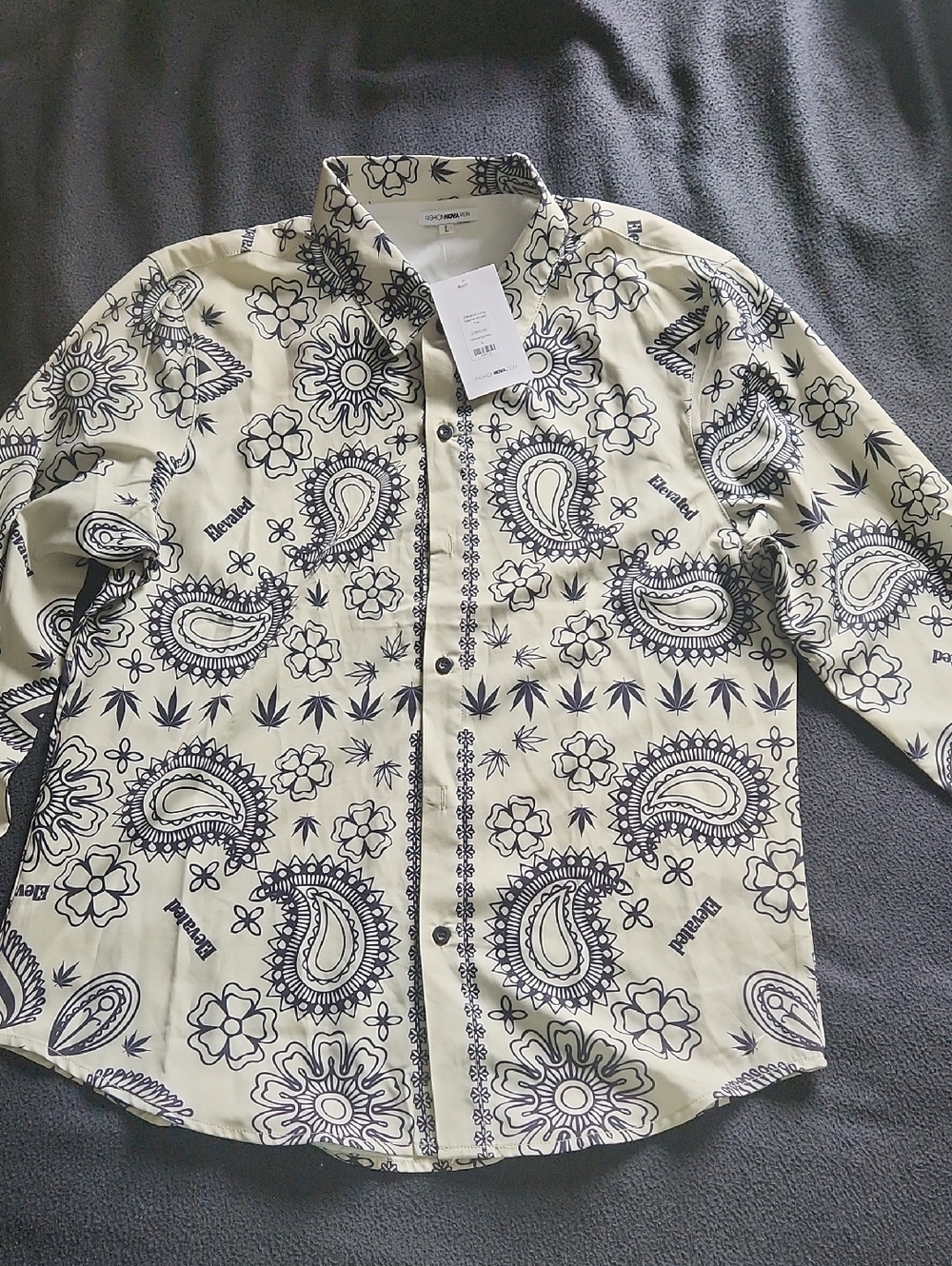 Fashion Nova Men's Cream Button-Down Shirt with Black Paisley Print
